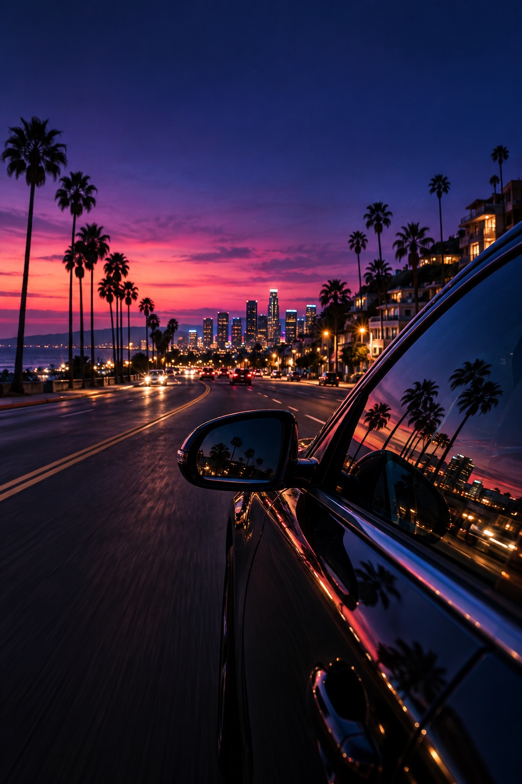 Car driving through the city at night